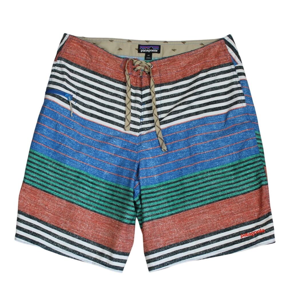 Patagonia Board Shorts Mens 34 Striped Surf Swim Trunks Blue Green Orange Beach